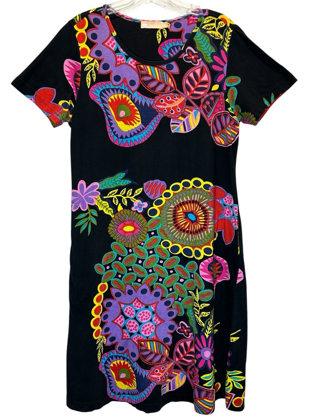 LA Cera Black Cotton Knit Midi Dress w/ Colorful Floral & Paisley Print - Small
